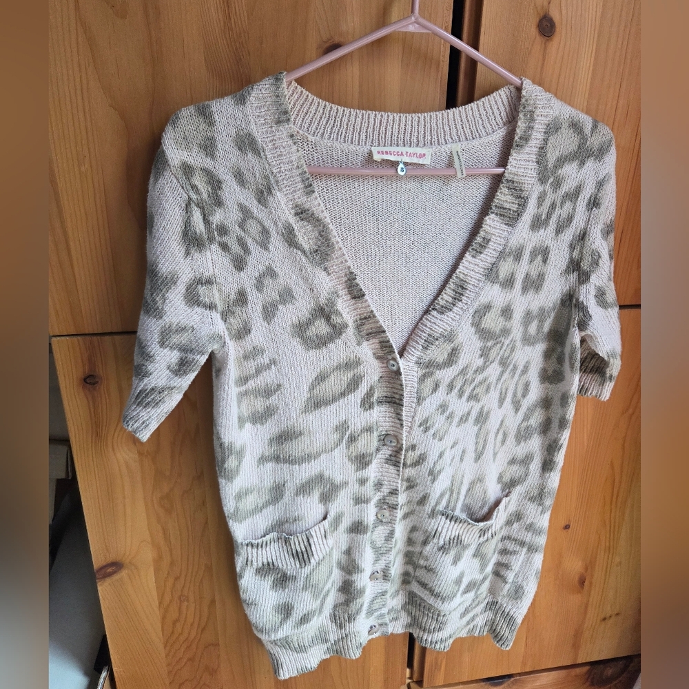 Rebecca Taylor Pink & Grey Animal Print Cotton Short Sleeve Cardigan Size Small
